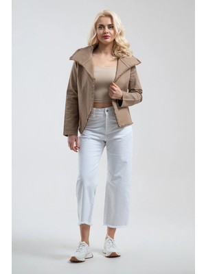 Bold & Young Kadın Camel Tek Cepli Metal Fermuarlı Pis Dikişli Ceket