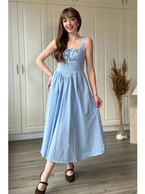 Dilay Gökoğlu Butik Askılı Kloş Midi Mavi Elbise