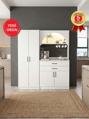 Dorpek 4 Kapaklı 2 Çekmeceli LED Işıklı Kahve Köşesi, 8 Raflı Çok Amaçlı Dolap ve Kiler Dolabı Beyaz 154 cm | Sardes & Tuco