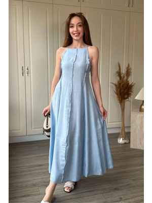 Dilay Gökoğlu Butik Askılı Keten Şeritli Midi Elbise