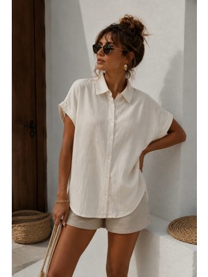 Rich Kadın Ekru Müslin Kumaş Oversize Kısa Kollu Gömlek