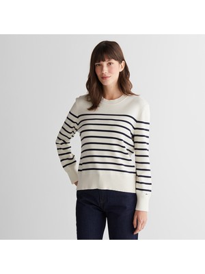 Gant Kadın Krem Regular Fit Bisiklet Yaka Çizgili Kazak