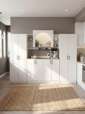 Dorpek 8 Kapaklı LED Işıklı Kahve Köşesi, 20 Raflı Kiler Dolabı ve Çok Amaçlı Dolap Beyaz-Sepet 247 cm | Afrodis & 2*tuco