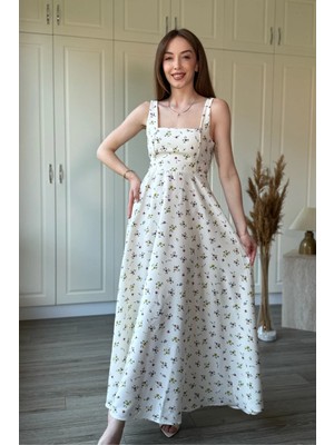 Dilay Gökoğlu Butik Çiçekli Kare Yaka Arkası Fiyonk Detaylı Midi Beyaz Elbise