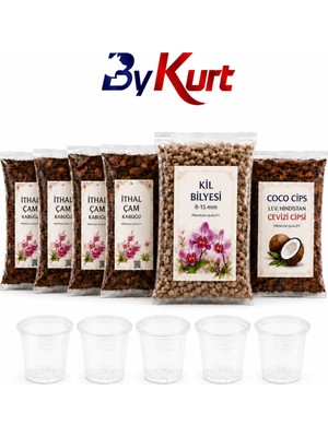 ByKurt Orkide Toprağı Saksı Değişim Seti Premium - 4 Adet İthal Çam Kabuğu + Coco Cips + Kil Bilyesi + 5 Adet Şeffaf Orkide Saksısı Bakım Seti