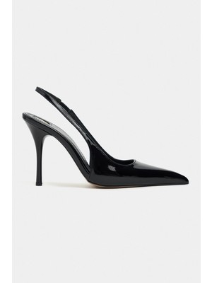 Nişantaşı Shoes Gloria Siyah Rugan Kemer Detay Sivri Burun Kadın Topuklu Ayakkabı