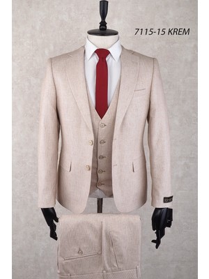 Jan Carlucci Slim Fit Mono Yaka Iki Düğme Çift Yırtmaç  Krem Rengi  Drop 6 Yelekli Takım Elbise