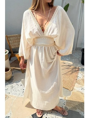Nana & Mayka Moda Kadın Krem Müslin Uzun Elbise %100 Pamuk Fistolu Bohem Yırtmaçlı Yazlık Salaş Premium Model