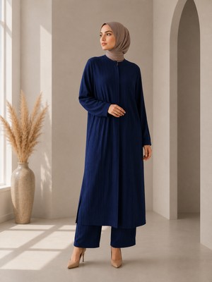 Bidesing Lacivert Uzun Tunik Geniş Paça Pantolon Tesettür Ikili Takım