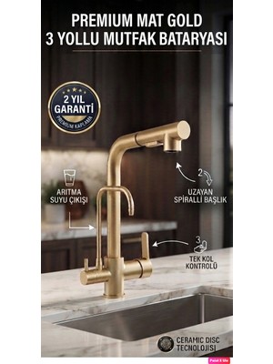 Rena Design Mat Gold Arıtmalı Spiralli 2 Modlu Başlık L Boru Mutfak Evye Bataryası Altın Prinç Armatür Musluk