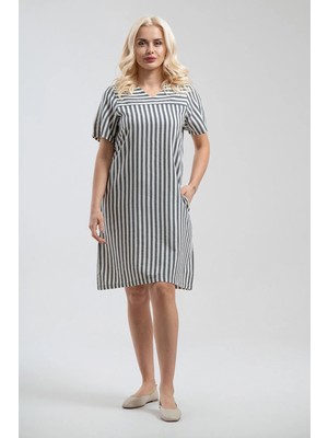 Bold & Young Kadın Gri Ekru Çizgili V Yaka Kısa Kollu %100 Pamuklu Cepli Elbise