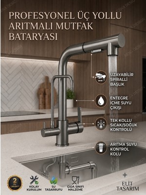Rena Design Antrasit Arıtmalı Spiralli 2 Modlu Başlık L Boru Mutfak Evye Bataryası Prinç Armatür Musluk