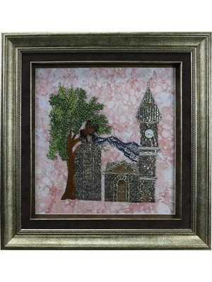E38 El Işçiliği  Kurdele Nakışı Saat Kulesi ve Atatürk Heykeli Tablo 70*70 cm - 6509