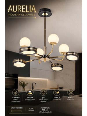 Elvora Home Modern (Premium) 8'li Siyah Gold 3 Renkli Ledli 72W Şık Sarkıt Avizesi Salon Mutfak Oturma Odası Avizesi Modelleri