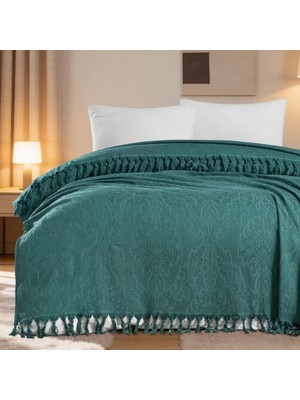 Aryıldız Home 240X260 cm Bambu Jakarlı Saçaklı Pike - Petrol