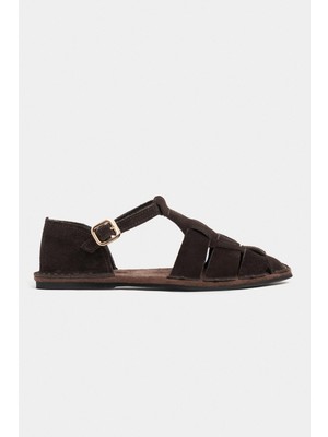 Nişantaşı Shoes Hugel Kahve Süet Deri Toka Detay Düz Taban Kadın Sandalet
