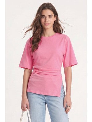 Ritnice Kadın Pam %100 Pamuk Büzgülü Asimetrik Örme Pembe Bluz