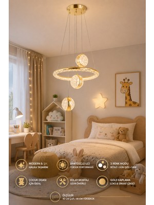 Elvora Home Modern (Premium) 3'lü Gold Küre 3 Renkli Ledli 84W Sarkıt Avizesi Salon Mutfak Çocuk Odası Modelleri