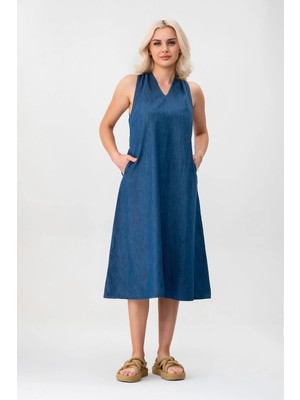 Bold & Young Kadın V Yakalı Cepli Pamuklu Kumaş Elbise Indigo