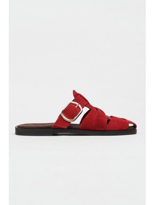 Nişantaşı Shoes Honey Kırmızı Hakiki Süet Toka Detaylı Düz Taban Kadın Terlik