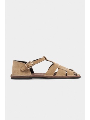 Nişantaşı Shoes Solto Rome Bej Hakiki Deri Toka Detay Düz Taban Kadın Sandalet