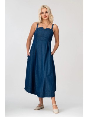 Bold & Young Kadın Kot Denim Kumaş Gizli Fermuarlı Cepli Askılı Elbise