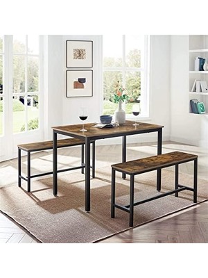 Yemek Masası, 2 Banklı, 3'lü Set, Mutfak Masası 70 x 110 x 75 Cm, Her Biri 2 Bank 30 x 97 x 50 Cm, Çelik Çerçeve, Endüstriyel Tasarım, Kahverengi-Siyah KDT070B01