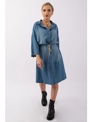 Bold & Young Kadın Lyocel Denim Kol Britli Kordonlu Elbise Mavi
