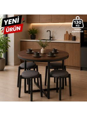 Edmonda Ev Aksesuar Atlas Yuvarlak 90 cm Puflu 4 Kişilik Masa Takımı Balkon Masası Kahve Masası Antrasit Kumaş