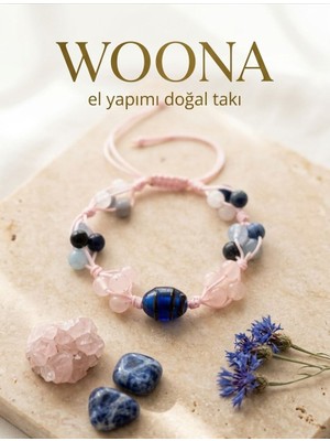 Woona Içsel Denge ve Huzur 7 Doğaltaş- Pembe Kuvars & Ay Taşı & Anjelit ( Melek Taşı ) & Akuamarin & Kaplan Gözü & Lapis Lazuli & Dumortierit El Yapımı Ayarlanabilir Özel Tasarım Premium Doğal Taş Bileklik