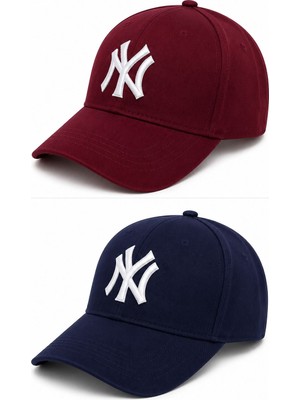 Gülümser Shop 2'li Unisex Ny New York Nakış Detaylı Ayarlanabilir Baseball Şapka - Lacivert & Bordo