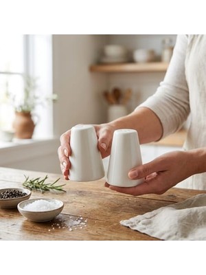 2'li Porselen Tuzluk ve Karabiberlik Seti - Yumuşak Hatlı Minimalist Beyaz Sofra Baharatlık Takımı Ergonomik Masaüstü Tuzluk (5,7 x 7,9 Cm)
