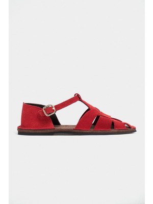 Nişantaşı Shoes Solto Kırmızı Süet Deri Toka Detay Düz Taban Kadın Sandalet