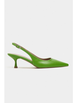 Nişantaşı Shoes Megy Yeşil Mat Arka Açık Toka Detay Sivri Burun Kadın Topuklu Ayakkabı