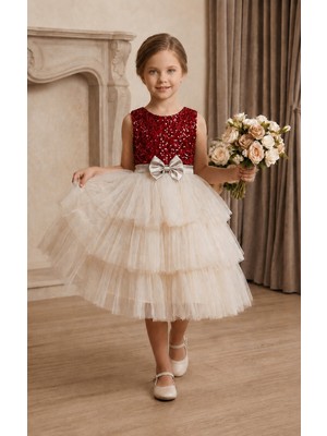 Deep Look Kids Wear Kırmızı Payetli Kat Kat Tül Etekli Kız Çocuk Abiye