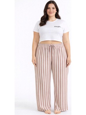 MiraLive Viskon Pamuklu Kadın Büyük Beden Gül Kurusu Çizgili Pijama Pantolon - MGB003 - Mudanis