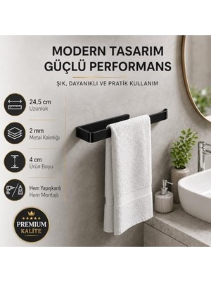 Lamalı Siyah Yapışkanlı Lüks Tasarım Solo Peçetelik, Metal Havluluk, Hem Yapışkanlı Hem Vidalı Montajlı, Banyo ve Mutfak Için Modern Duvar Havlu Askısı