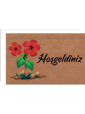 Türkeli Kapı Önü Paspası Kaymaz Ağır Tabanlı Kırmızı Çiçek Desenli Hoş Geldiniz Dekoratif , Kolay Temizlenir (45X70 Cm) Kod T5