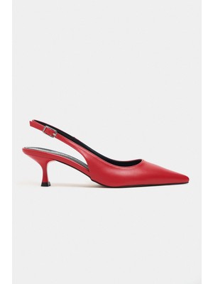 Nişantaşı Shoes Megy Kırmızı Mat Arka Açık Toka Detay Sivri Burun Kadın Topuklu Ayakkabı
