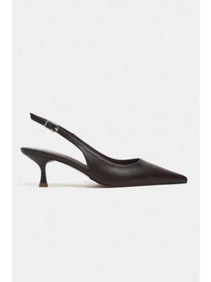 Nişantaşı Shoes Megy Kahve Mat Arka Açık Toka Detay Sivri Burun Kadın Topuklu Ayakkabı