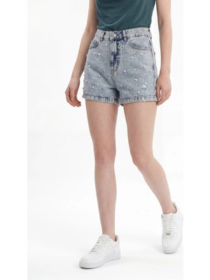 Hakke Kadın Inci Taşlı Yüksek Bel Denim Şort