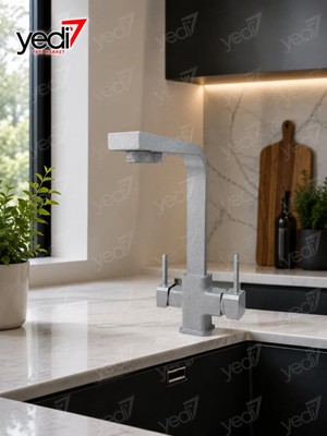 FUALORA Arıtmalı 3 Yollu Mutfak Evye Bataryası Kare Model Granit Gri