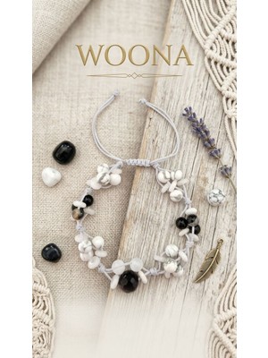 Woona Sakinlik & Sabır & Enerji ve Koruma - Obsidyen & Selenit & Havlit & Turmalin & Ay Taşı El Yapımı Ayarlanabilir Özel Tasarım Premium Unisex Doğal Taş Bileklik
