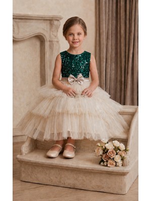 Deep Look Kids Wear Koyu Yeşil Payetli Kat Kat Tül Etekli Kız Çocuk Abiye