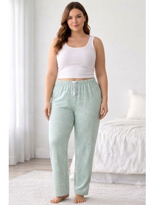 Marsilyan Viskon Pamuklu Kadın Büyük Beden Açık Gri Desenli Pijama Pantolon - MGB008 - Mudanis