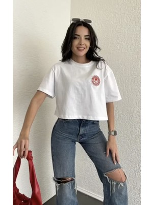 Nutika Nakışlı Crop -Beyaz