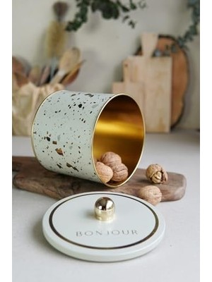 Evle-Terrazo Desenli Yuvarlak Metal Saklama Kabı, Erzak Saklama Kabı - Organizer Kutu 14 cm x 12,5 cm (Terrazzo Cream)