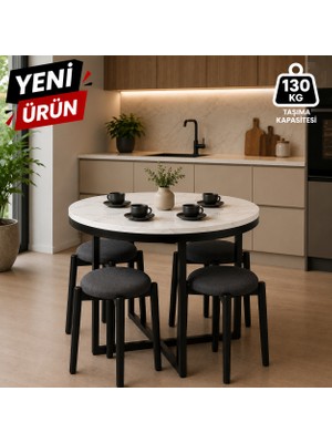 Edmonda Ev Aksesuar Atlas Yuvarlak 90 cm Puflu 4 Kişilik Masa Takımı Balkon Masası Kahve Masası Antrasit Kumaş