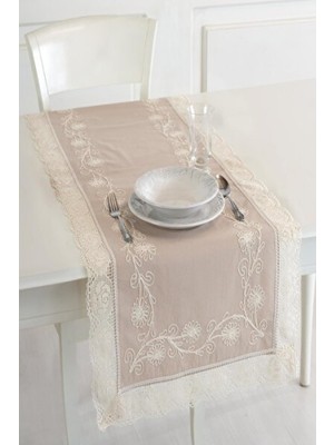 Empressco Şık Dantelli Iplik Işlemeli Buldan Kumaşı Runner 50X130 cm