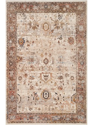 Cool Halı Panama Krem Vintage Halı Kahve Rengi Eskitme Etnik Desenli Klasik Büyük Salon Oturma Odası Halısı
